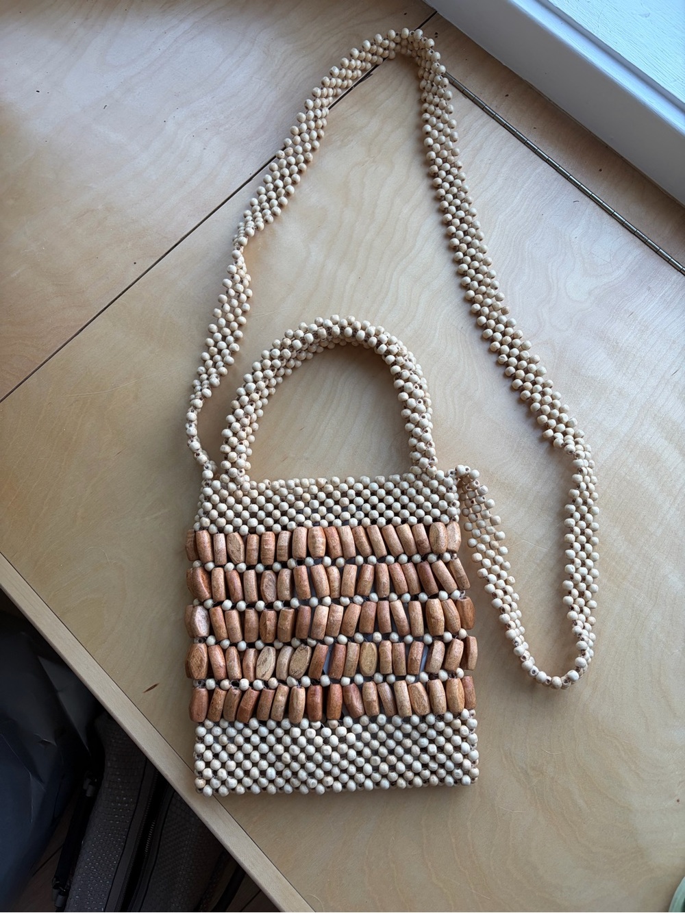 Straw Studios Beaded Mini Crossbody - Natural Cream & Light Brown